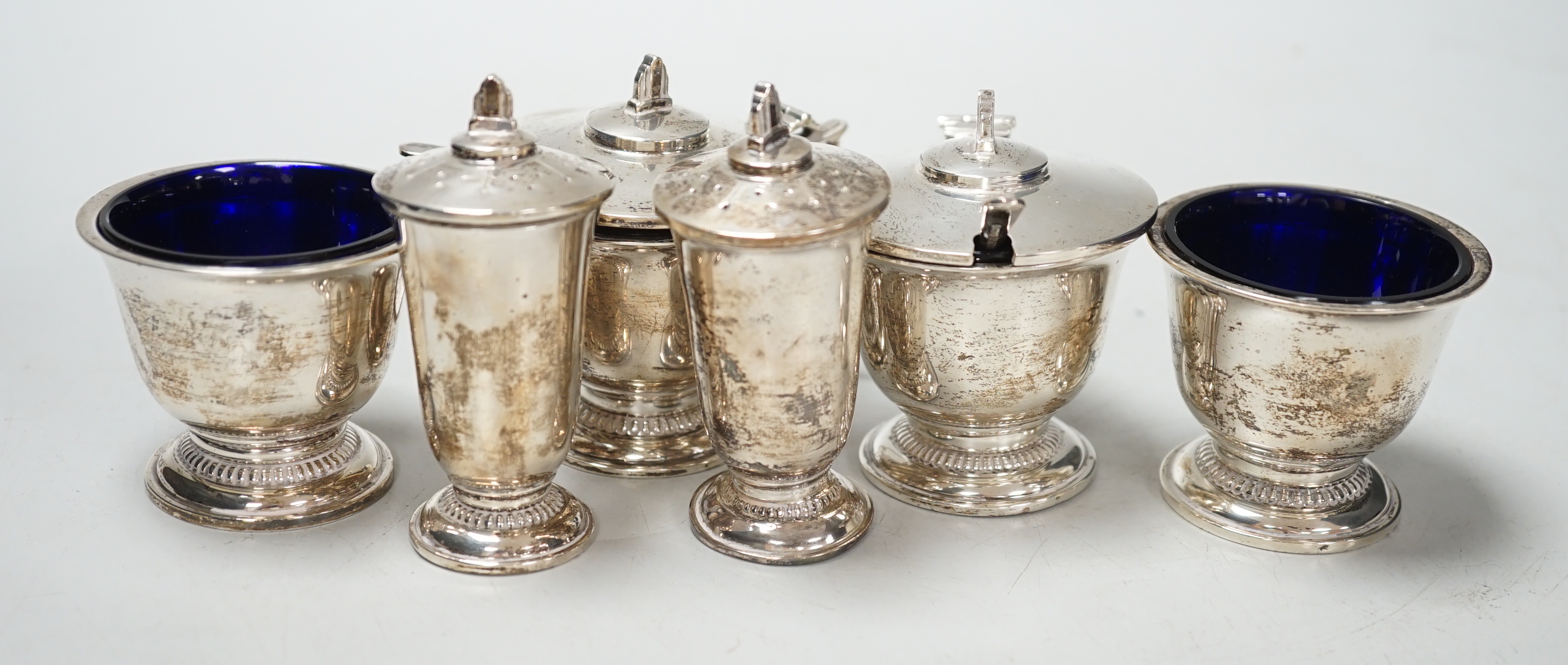 A George VI silver six piece condiment set, Deakin & Francis, Birmingham, 1936/7.